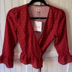 Cry Baby wrap top - ruby red with white dots. NWT!